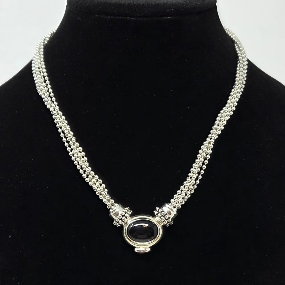 ESPO Sterling Silver 5 Strand Oval Black Onyx Amber Accent Snap Necklace 18